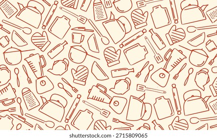 Un patrón de arte de línea dibujado a mano con varios utensilios de cocina en líneas rojas sobre un fondo beige suave, adecuado para la marca culinaria, embalaje, Fondos de pantalla, textiles y proyectos de diseño creativo