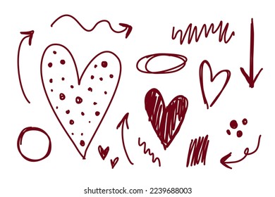 Handdrawn line art set of hearts, circles, brush strokes, arrows and sketches. Ideal for print, scrapbooking, graphic design, collage and other creative projects.