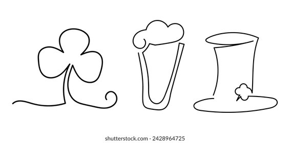 Handdrawn line art set for St Patrick day. Hat, clover, beer glass vector design element.