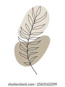 Hand-drawn line art tropical palm leaf on abstract stones.Vector illustration