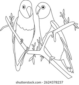 A hand-drawn line art of two lovebirds sitting on a leafy tree branch, facing each other in a romantic pose. The simple and clean illustration is perfect for wedding cards, romantic themes, tattoo art