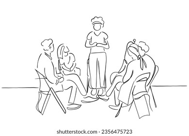 Hand-drawn line art vector of Group Psychotherapy Sessions. Psychology line art. Mental health and social bonds