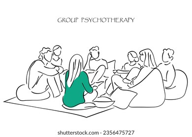 Hand-drawn line art vector of Group Psychotherapy Sessions. Psychology line art. Mental health and social bonds