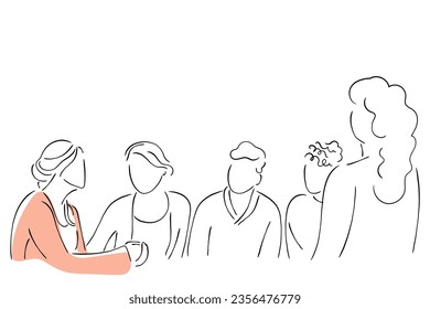 Hand-drawn line art vector of a group of people counseling the troubled fellow. Crises in business and frustration