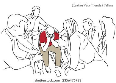 Hand-drawn line art vector of a group of people counseling the troubled fellow. Crises in business and frustration