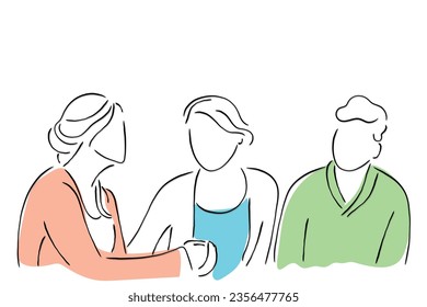 Hand-drawn line art vector of a group of people counseling the troubled fellow. Crises in business and frustration