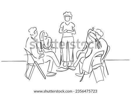Hand-drawn line art vector of Group Psychotherapy Sessions. Psychology line art. Mental health and social bonds