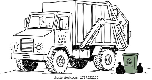 A hand-drawn line art vector illustration of a professional urban waste management scene. The centerpiece is a heavy-duty side-loading garbage truck labeled with the text 