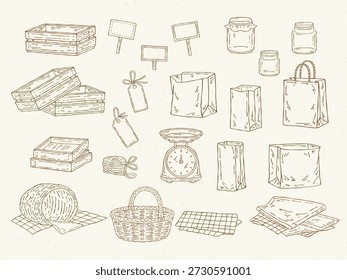 Handgezeichnete Linie Kunst Vektor Satz von Bauern Markt Requisiten. Illustrationen von Holzkisten, Preisschildern, Stoffservietten, Kraftpapier, Glasgefäßen, Garnen, Waagen und leeren Körben
