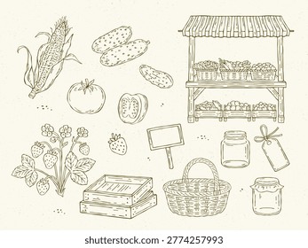 Hand-drawn line art vector set of summer farmers market elements including strawberry, corn, cucumber, tomatoes, market stall, jars, crates, basket and price tag in minimal monochrome outline style