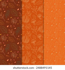 Hand-drawn line autumn maple leaves, oak leaves, mushrooms seamless pattern, autumn colorful vector pattern series