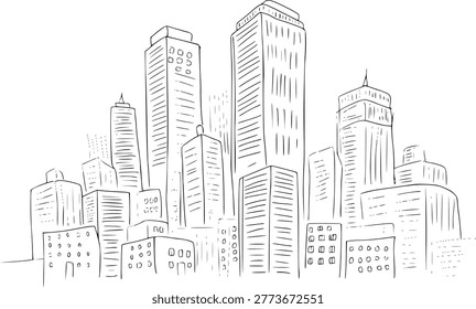 A hand-drawn line of a city skyline, featuring numerous tall buildings of varying heights and a white background.