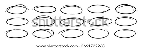 Hand-drawn line doodle marker ellipses. Vector brush pen ovals. Outline highlights, scribble circles, ellipse sketches. Abstract geometric frames, freehand round shapes. Editable stroke oval highlight