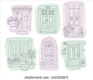 hand-drawn line doors spot set