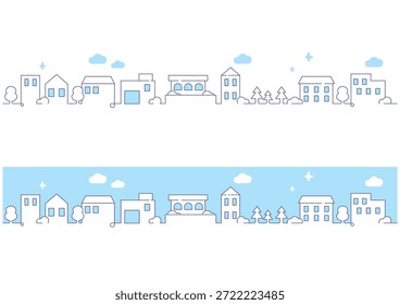 Hand-drawn line drawing cityscape set (with and without sky)