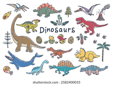 Hand-drawn line drawing dinosaur illustration set