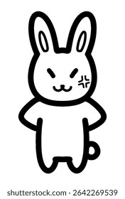 A hand-drawn line drawing illustration of a rabbit character with an angry expression and hands on hips.