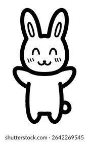 A hand-drawn line drawing illustration of a rabbit character raising both hands with a happy expression.