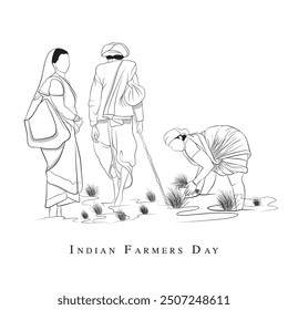 Hand-drawn line drawing of people, Vector illustration of Indian villagers, Indian farmers working in their field