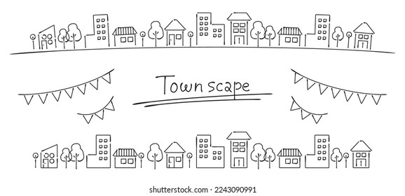 Hand-drawn line drawings of the town as if drawn with a pen