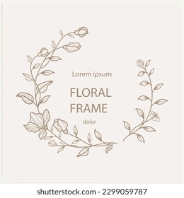 Hand-drawn line floral frame. Elegant vintage wreath. Logo template. Vector illustration botanical decoration elements for labels, branding business identity, wedding invitations, and greeting cards.