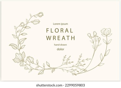 Hand-drawn line floral frame. Elegant vintage wreath. Logo template. Vector illustration botanical decoration elements for labels, branding business identity, wedding invitations, and greeting cards.