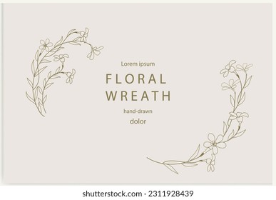 Hand-drawn line floral frame. Elegant vintage wreath. Vector illustration.