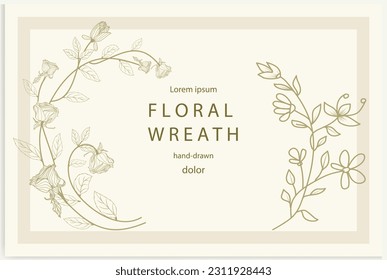 Hand-drawn line floral frame. Elegant vintage wreath. Vector illustration.