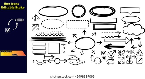 Hand-drawn line frames, arrows, circle, oval, and square-shaped frames, and check marks. Elements drawn freely with a black pen or marker, also including underlines and navigation symbols.