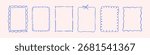 Hand-drawn line frames, contour decorations in modern trendy doodle style. Scribble drawing, outline border pattern with cute heart and bow elements, coquette romantic squiggles. Vector illustrations