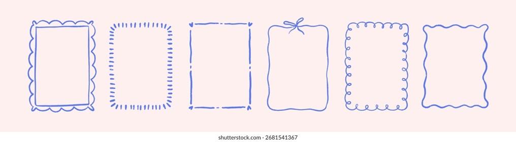Marcos de línea dibujados a mano, decoraciones de contorno en estilo doodle moderno. Dibujo del garabato, patrón del borde del contorno con el corazón lindo y los Elementos del arco, garabatos románticos de la coqueta. Ilustraciones vectoriales