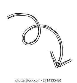 Un icono de línea dibujado a mano de una flecha circular hacia abajo. Una Ilustración vectorial monocromática con múltiples líneas superpuestas.