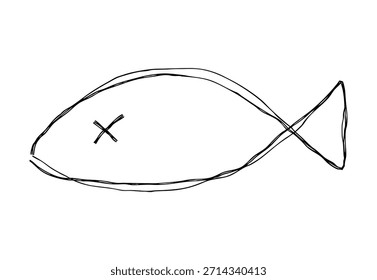 Icono de línea dibujado a mano de un pez dañado y muerto. Ilustración vectorial doodle monocromática con líneas superpuestas. Lindo material de sello deformado.