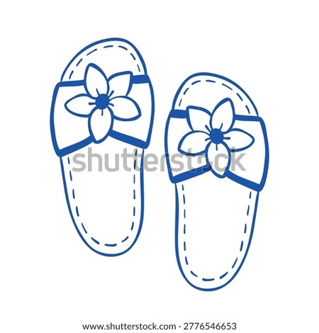 Hand-drawn line illustration of women’s flip flops with flowers. Clip art for logo, packaging, and seasonal fashion designs. Outline drawing of summer flat shoes isolated on a white background. 