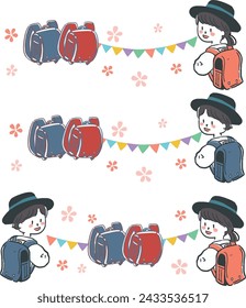 Hand-drawn line illustration set of men and women carrying flowers, garlands, and school bags.
