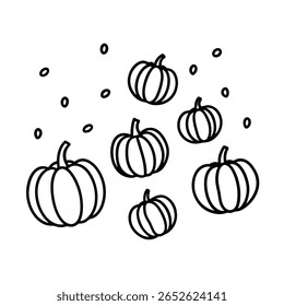 Calabazas de línea dibujadas a mano círculos flotantes en el concepto de cosecha de otoño Vector