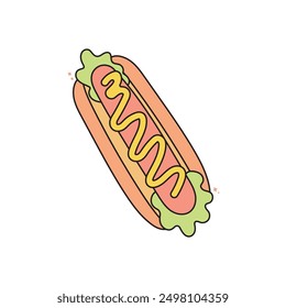 Hand-drawn line vector icon of a grilled hot dog in a bun, topped with mustard and ketchup. This simple, flat, and modern illustration represents classic fast food, sausages, and snacking. Ideal for f