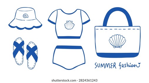 Hand-drawn line vector summer clothes set. Outline icons of a bucket hat, flip-flops, sporty two piece swimsuit, and beach bag with seashell symbol. Fashion design for web, travel blogs, or prints.
