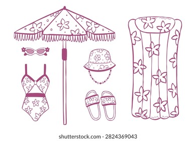 Hand-drawn line vector summer vacation set. Outline elements of a bucket hat, swimsuit, sunglasses, flip-flops, umbrella, and pool mattress with floral pattern. Design for web, stickers, or prints.