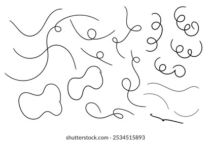 Handdrawn line vectors with swirling strokes, marker accents, and brush highlights. Perfect for creative designs, doodles, and curved drawings with a unique artistic touch.