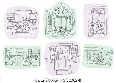 Hand-drawn line windows spot set