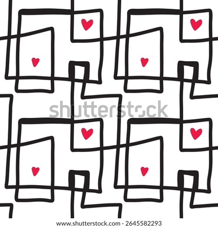 Hand-drawn linear abstract gift boxes with hearts, seamless vector illustration for love-themed wrapping or textile design