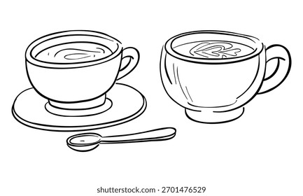 Ilustração de arte linear desenhada à mão de um conjunto de xícaras para chá quente ou café com um pires e uma colher. Ilustração de rabiscar. Perfeito para menus de café, gráficos de blog, design de cozinha e conjuntos de ícones