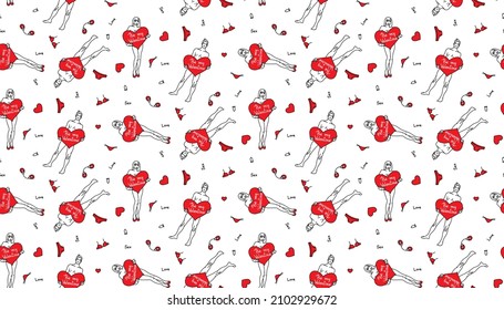 Handdrawn linear black-white-red pattern of a naked man and woman with a heart with the lettering be my valentine. With underwear, handcuffs and condom and sex and love on a transparent background 