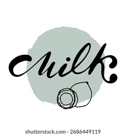 Hand-drawn linear doodle of a blue circle with the word "milk" and a coconut illustration. Minimalist outline design representing coconut milk, dairy alternative, and natural beverages.
