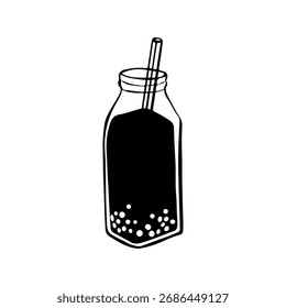 Doodle lineal dibujado a mano de café burbuja con perlas de tapioca. Ilustración de contorno minimalista perfecta para menús modernos de cafetería, bebidas de moda y gráficos de bebidas en blanco y negro.