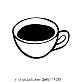 Handgezeichnetes lineares Doodle einer Tasse gefüllt mit Americano-Kaffee. Minimalistische Umrissgrafik, perfekt für Café-Menüs, Kaffeehaus-Themen und Schwarz-Weiß-Getränke-Designs.