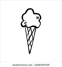 Doodle lineal dibujado a mano de helado en un cono de gofre. Ilustración de contorno minimalista, perfecto para el postre de verano, golosinas dulces, diseño de menú de cafetería