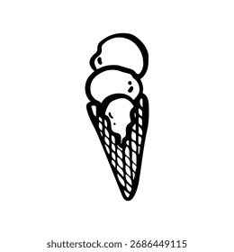 Ilustración de doodle lineal dibujado a mano de un cono de helado con una sola cucharada, estilo de contorno minimalista. Perfecto para el verano, postre, conceptos de comida