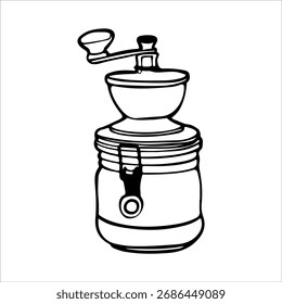 Doodle lineal dibujado a mano de un molinillo de café manual. Ilustración de contorno minimalista de un molino de mano de estilo vintage, perfecto para menús de cafetería, herramientas de elaboración de cerveza y diseños con temática de café en blanco y negro